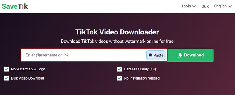 Paste the TikTok link into SaveTik